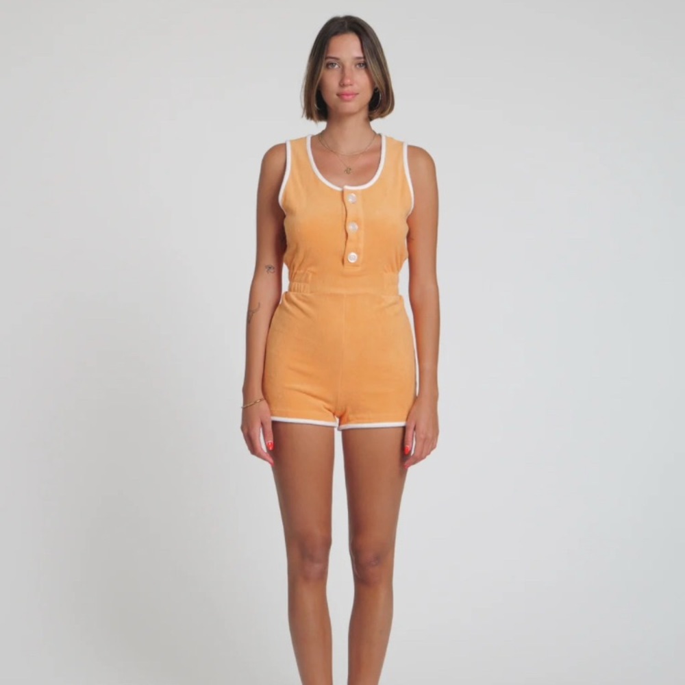 70s Terrycloth Orange Sleeveless Button-Up Romper